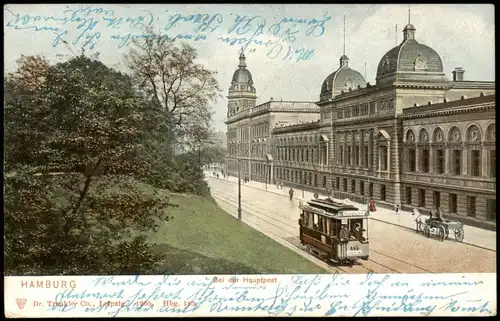 Ansichtskarte Hamburg Postamt, Straßenbahn 1908