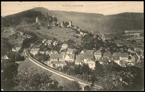 Ansichtskarte Hirschhorn (Neckar) Blick auf Stadt und Bahnstrecke 1913
