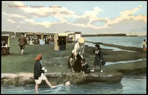 Ansichtskarte Cuxhaven Personen im Strandkorb, Karrenbad 1911
