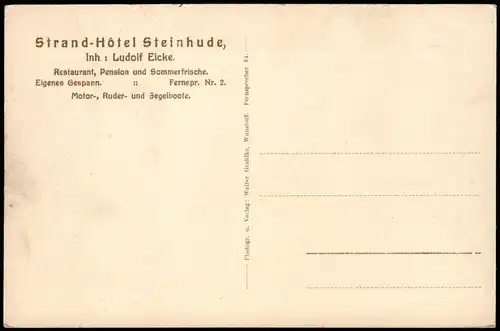 Ansichtskarte Steinhude-Wunstorf SONNENUNTERGANG. STRANDHOTEL STEINHUDE 1926