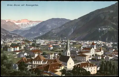 Cartoline Gries-Bozen Bolzano Panorama-Ansicht mit Rosengarten 1910