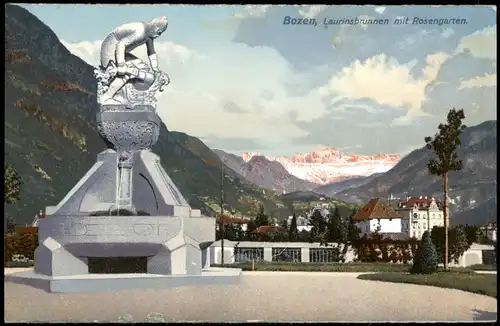 Cartoline Bozen Bolzano Laurinsbrunnen mit Rosengarten 1910