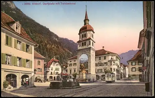 Altdorf (Uri) Dorfplatz mit Telldenkmal und Tram Straßenbahn 1910