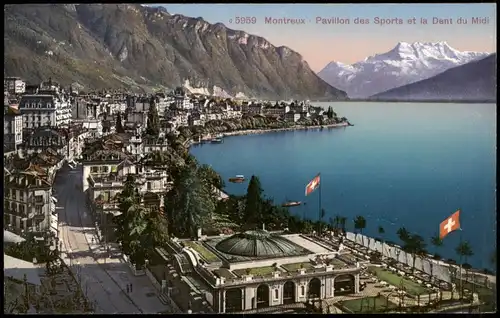 Montreux (Muchtern) Panorama mit Pavillon des Sports et la Dent du Midi 1910