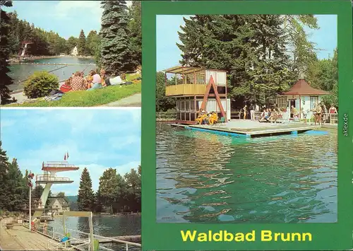Brunn-Auerbach (Vogtland) Blick über's Waldbad, Schwimmplatform am Beckenrand, 3 Stufiger Sprungturm 1981