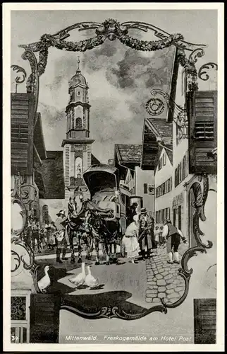 Ansichtskarte Mittenwald Freskogemälde am Hotel Post 1932