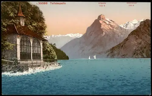 Ansichtskarte Sisikon Tellskapelle und Schweizer Alpen Berge 1910