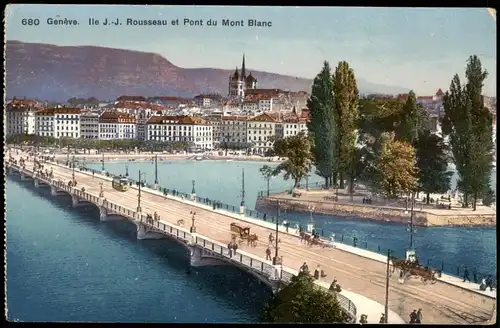 Genf Genève Panorama lle J.-J. Rousseau et Pont du Mont Blanc 1910