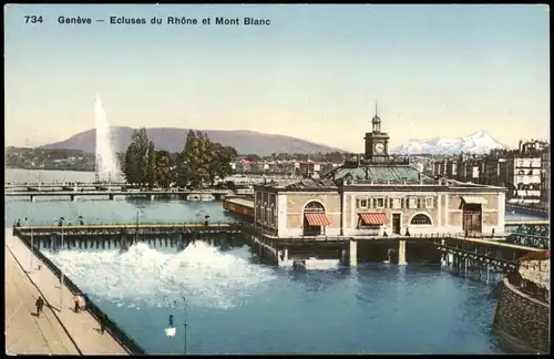 Genf Genève Stadt-Ansicht, Ecluses du Rhône et Mont Blanc 1910