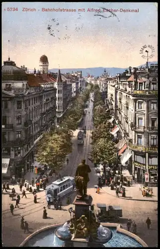Ansichtskarte Zürich Bahnhofstrasse mit Alfred Escher-Denkmal 1913