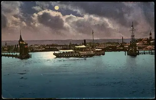 Ansichtskarte Konstanz Hafen Bodensee Schiff bei Mondschein 1910