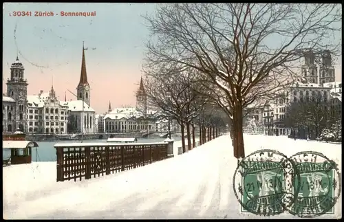 Ansichtskarte Zürich Stadtteilansicht Partie am Sonnenquai im Winter
 1919