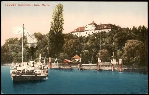 Insel Mainau-Konstanz Ortsansicht mit Bodensee Dampfer Schiff 1910