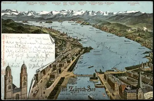 Ansichtskarte Zürich Zürichsee Vogelschau 1906    Görlitz (Ankunftsstempel)