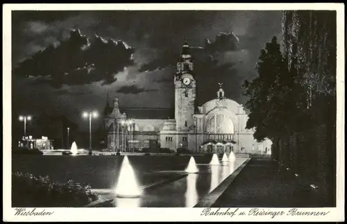 Ansichtskarte Wiesbaden Hauptbahnhof bei Nacht und Mondschein 1928