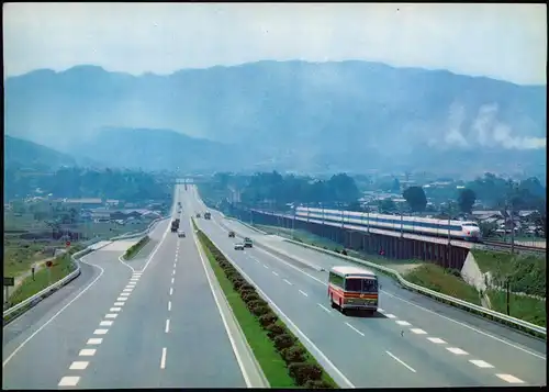 Japan Nippon 日本 Meishin Superhighway and train of the Tokaido Superexpress 1971