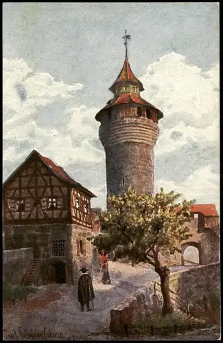 Nürnberg Vestnerturm u. Tiefer Brunnen (sign. Künstlerkarte) 1910