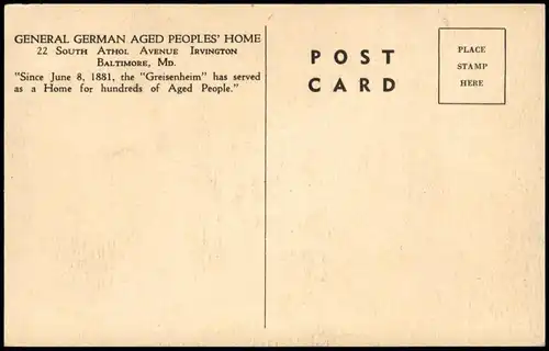 Baltimore GENERAL GERMAN AGED PEOPLES' HOME 22 SOUTH ATHOL AVENUE IRVINGTON 1916