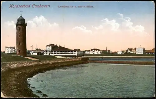 Ansichtskarte Cuxhaven Leuchtturm u. Seepavillon. 1918