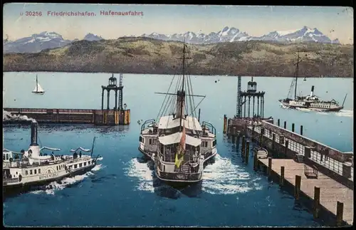 Ansichtskarte Friedrichshafen Hafenausfahrt - Dampfer 1914