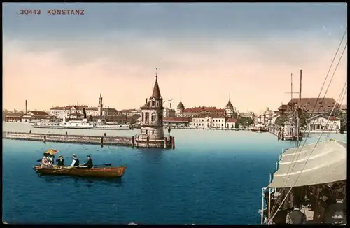 Ansichtskarte Konstanz Panorama-Ansicht mit Personen Ruderboot am Hafen 1910