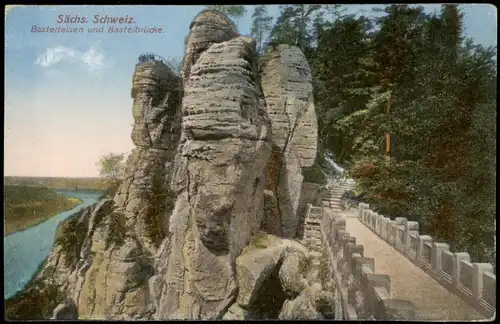 Ansichtskarte Rathen Sächs. Schweiz. Basteifelsen und Basteibrücke. 1912