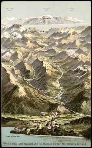 Spiez Ortspanorama mit Simmentalbahn et chemin de fer Montreux-Oberland 1910