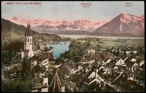 Ansichtskarte Thun Thoune Panorama-Ansicht; im Hintergrund Alpen-Glühen 1911
