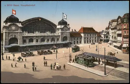 Ansichtskarte Basel Bahnhof Hauptbahnhof Vorplatz mit Tram Haltestelle 1910