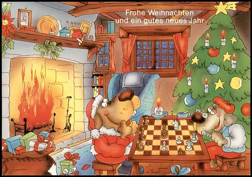 Motivkarte Thema Schach (Chess) Tiere beim Schachspiel an Weihnachten 2000