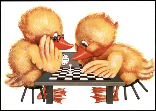 Motivkarte Thema Schach (Chess) Enten-Küken beim Schachspielen 1989