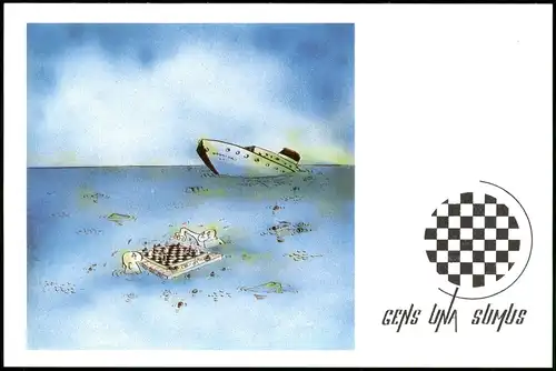 Karikature Jovan Prokopljević Schiffbrüchige beim Schach-Spielen (Chess) 1989