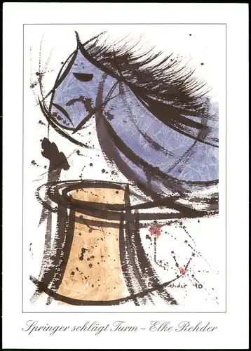 Springer schlägt Turm Elke Rehder Künstlerkarte Thema SCHACH (CHESS) 1990