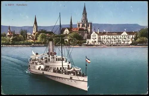 Ansichtskarte Konstanz Panorama-Stadtansicht mit Bodensee Schiff Dampfer 1910