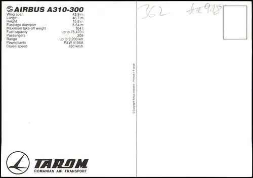 Ansichtskarte  AIRBUS A310-300 der TAROM ROMANIAN AIR TRANSPORT 2000