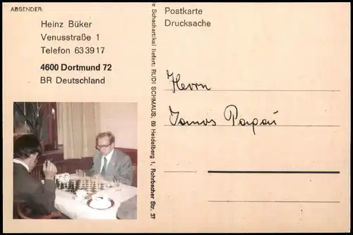 Schach-Motiv-/Korrespondenzkarte (Chess) Foto mit Schachspieler 1990