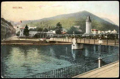 Ansichtskarte Bad Ems Fluss Partie mit Brücke 1910