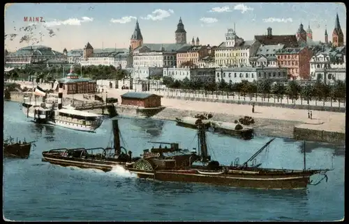 Ansichtskarte Mainz Panorama-Ansicht Schiffe, Partie am Rhein-Ufer 1912