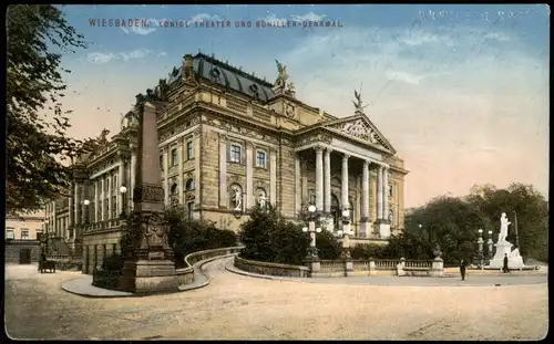 Ansichtskarte Wiesbaden Königliches Theater mit Schiller Denkmal 1911