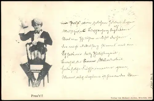 Scherzkarte Alkohol, Trinkerei Frau mit Bierseidel auf Stuhl 1897