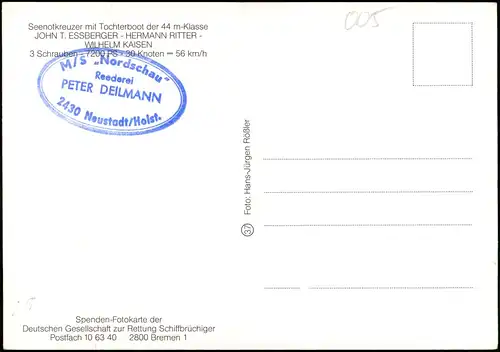 Ansichtskarte  Seenotkreuzer mit Tochterboot  Schiff 1988  Stempel der Reederei