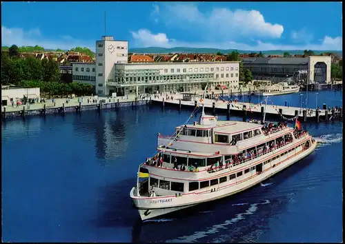 Friedrichshafen Hafenbahnhof mit Bodensee Motorschiff "Stuttgart" 1970