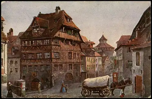 Nürnberg Albrecht-Dürer-Haus, Litfaßsäule, Pferde-Fuhrwerk 1910