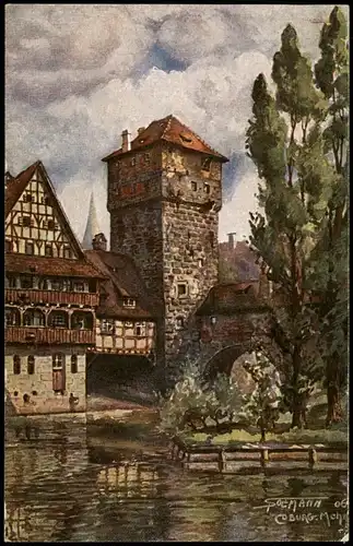Ansichtskarte Nürnberg Künstlerkarte Partie am Henkersteg 1910