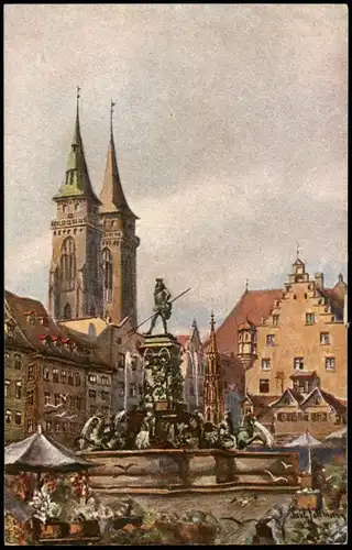 Ansichtskarte Nürnberg Künstlerkarte Partie am Neptunbrunnen 1910
