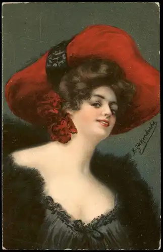 Ansichtskarte  Künstlerkarte Mode Kleidung Frau roter Hut 1906