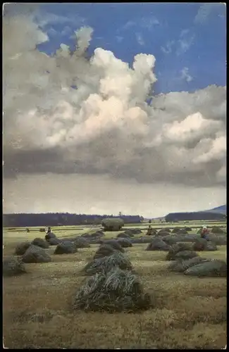 Ansichtskarte  Stimmungsbild: Bauern auf dem Feld Wolken Heugarben 1912