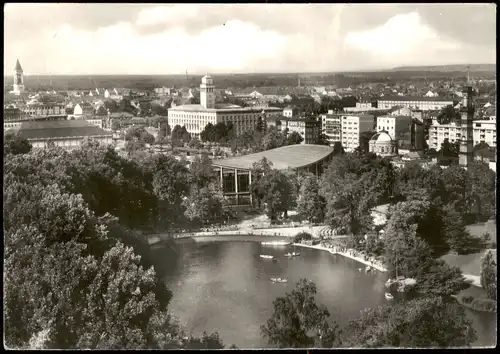 Karlsruhe Stadt Panorama mit Stadtgarten u. Schwarzwaldhalle 1963
