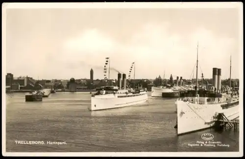 Postcard Trelleborg Hafen Schiffe/Schifffahrt - Dampfer Hamnparti. 1932