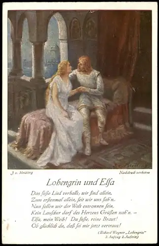 Künstlerkarte Kunstwerk Künstler Maler J. v. Meidling Lohengrin und Elsa 1910